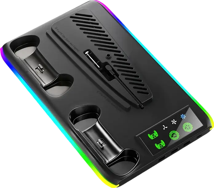 Black RGB cooling stand with dual controller charging, top view