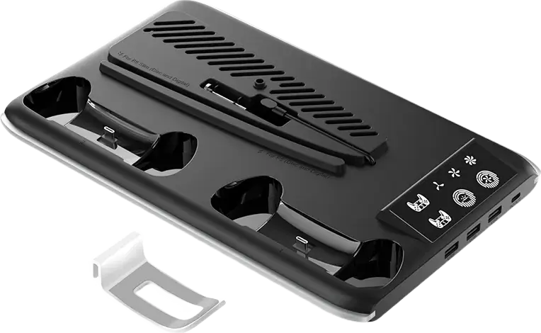 Black cooling stand base with cooling fan and headphone hook, flat lay