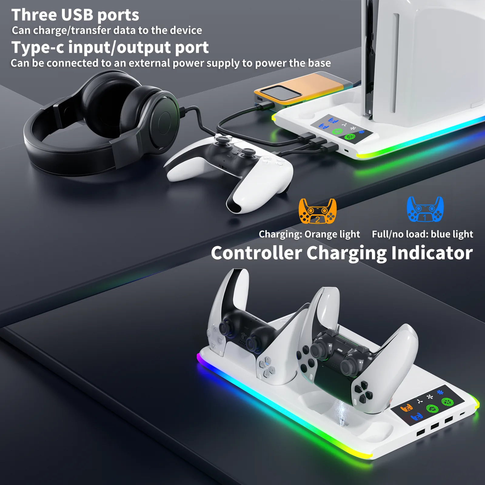 Three USB ports, Type-C port and controller charging indicator