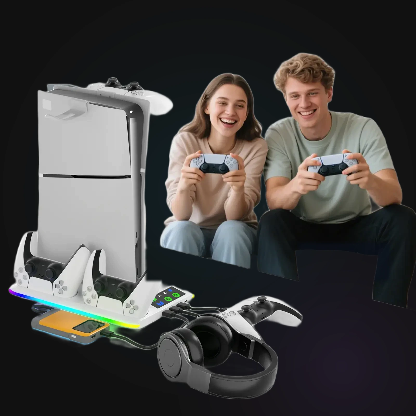Two players gaming with PS5 cooling stand setup