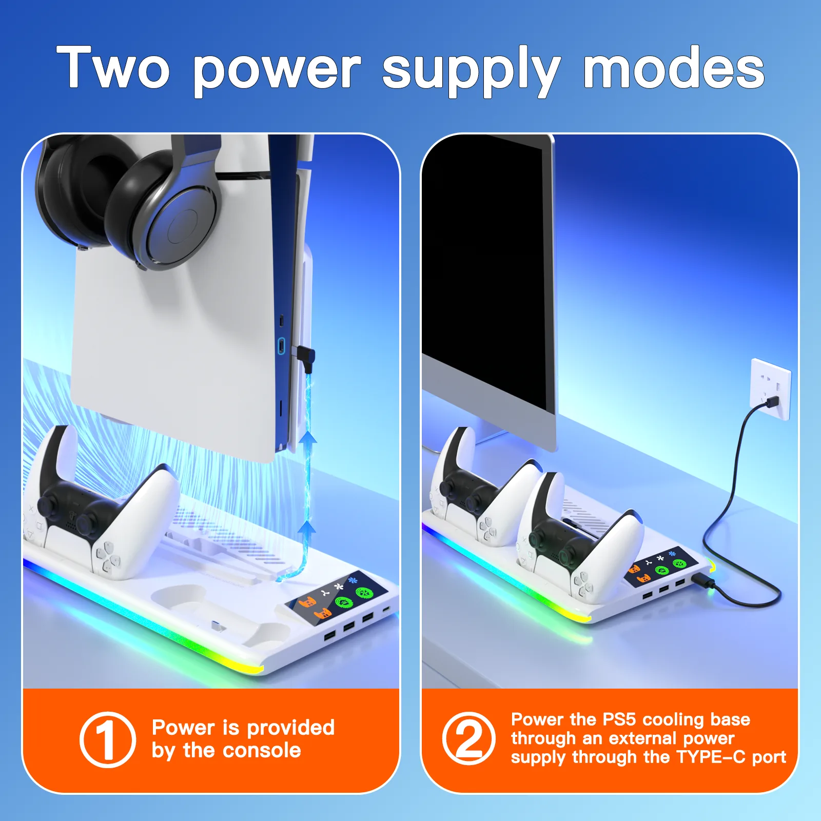 Two power supply modes, console power or external Type-C power
