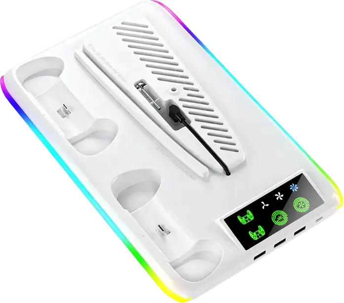 White RGB cooling stand with dual controller charging, top view