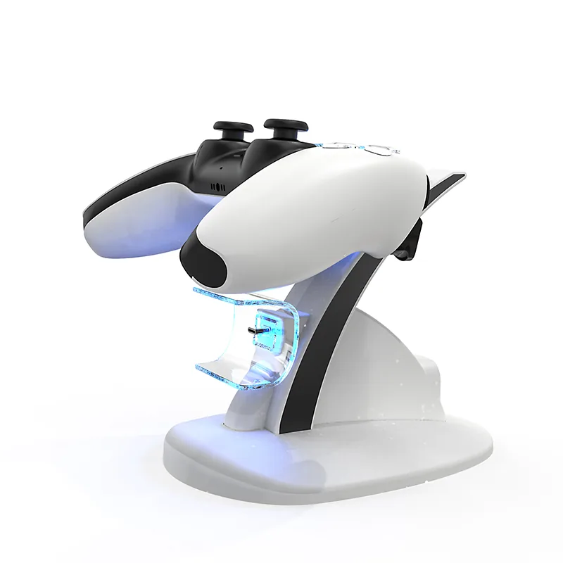 White aircraft-style dual charging dock with two PS5 controllers