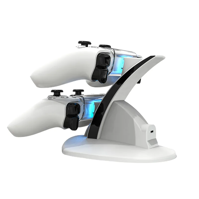 Two PS5 controllers charging on white aircraft-style dock