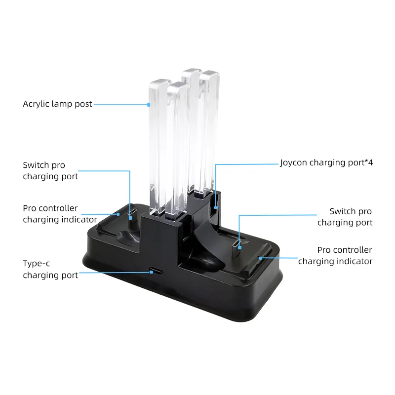 Charging dock parts, acrylic lamp posts, USB-C and charging ports