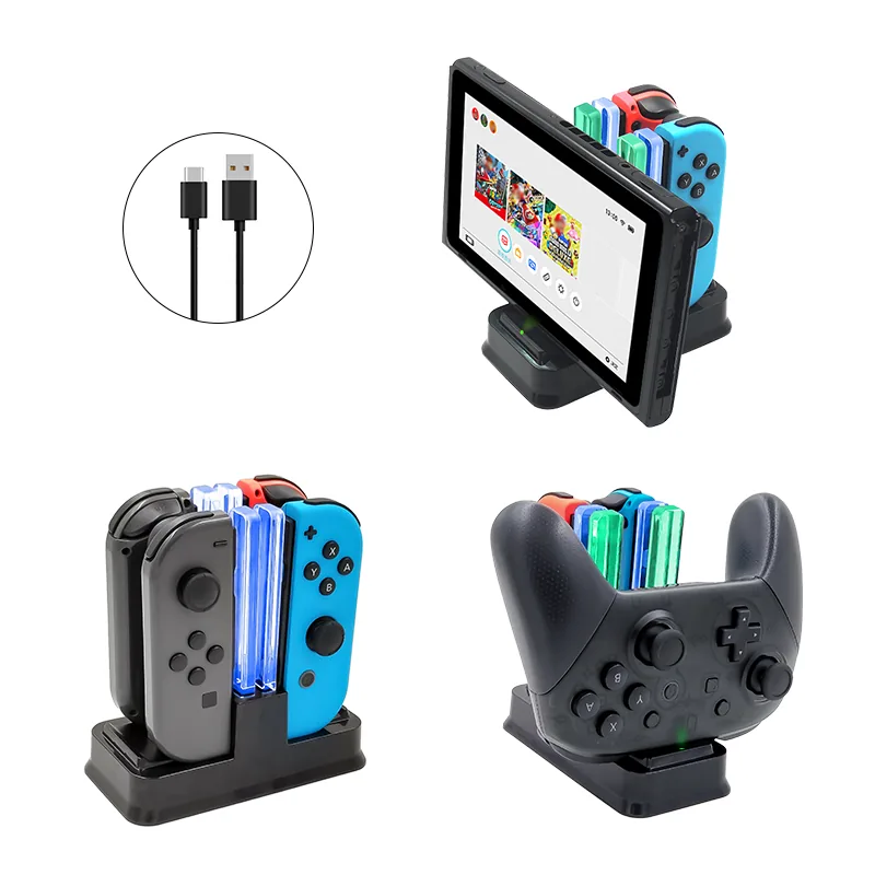 Switch console, Joy-con and Pro controller on charging dock