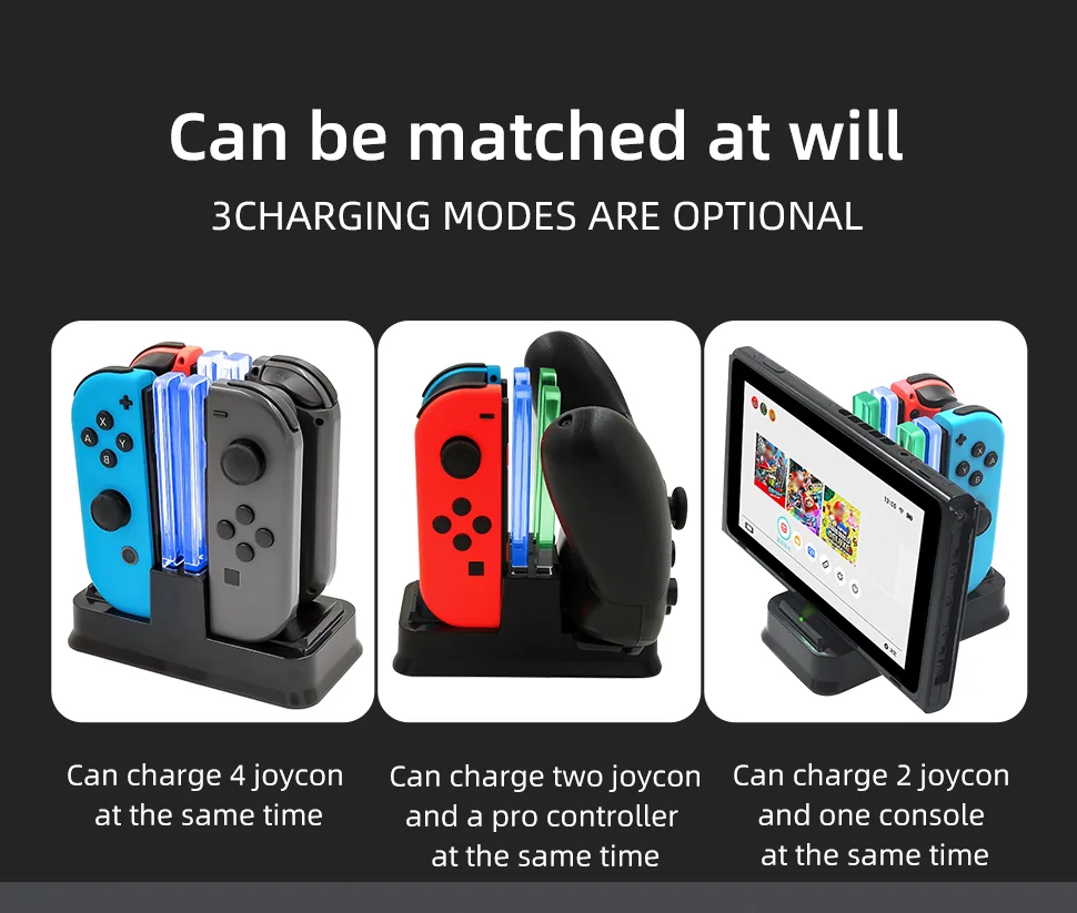 Three charging modes, four Joy-con, two Joy-con with Pro, or console