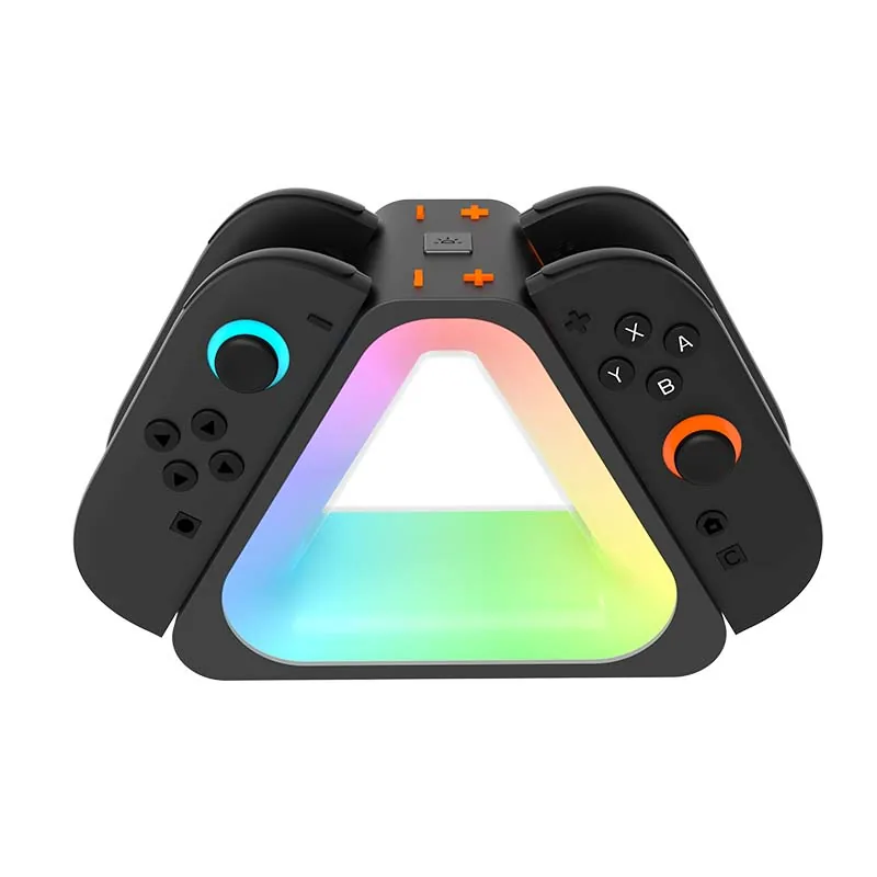 Two Switch 2 controllers charging on triangle dock