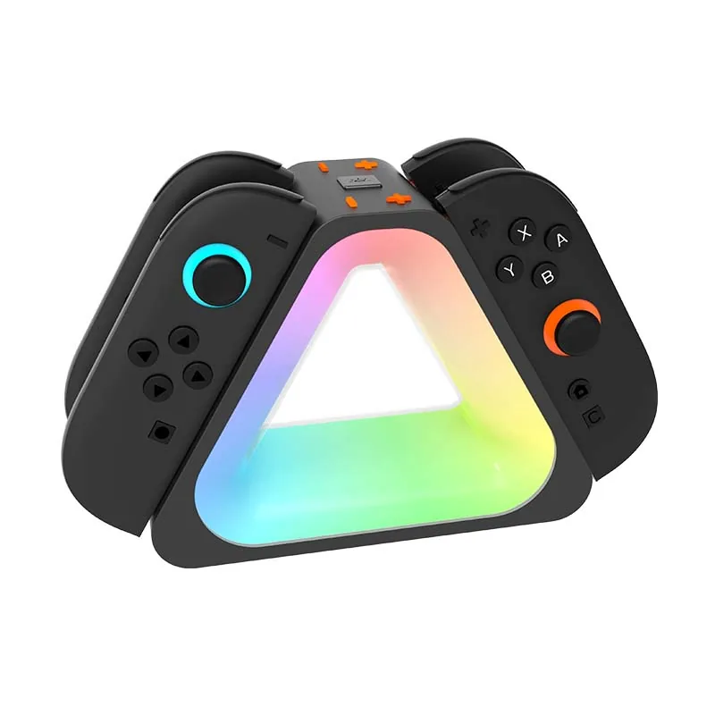Switch 2 controllers on triangle charging dock, front view