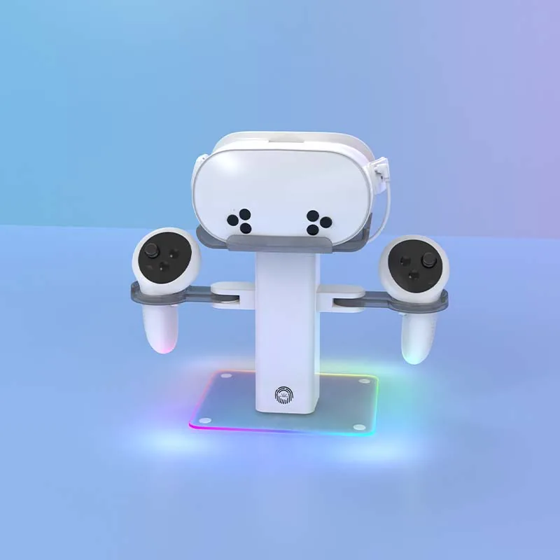White VR charging display stand with headset and controllers