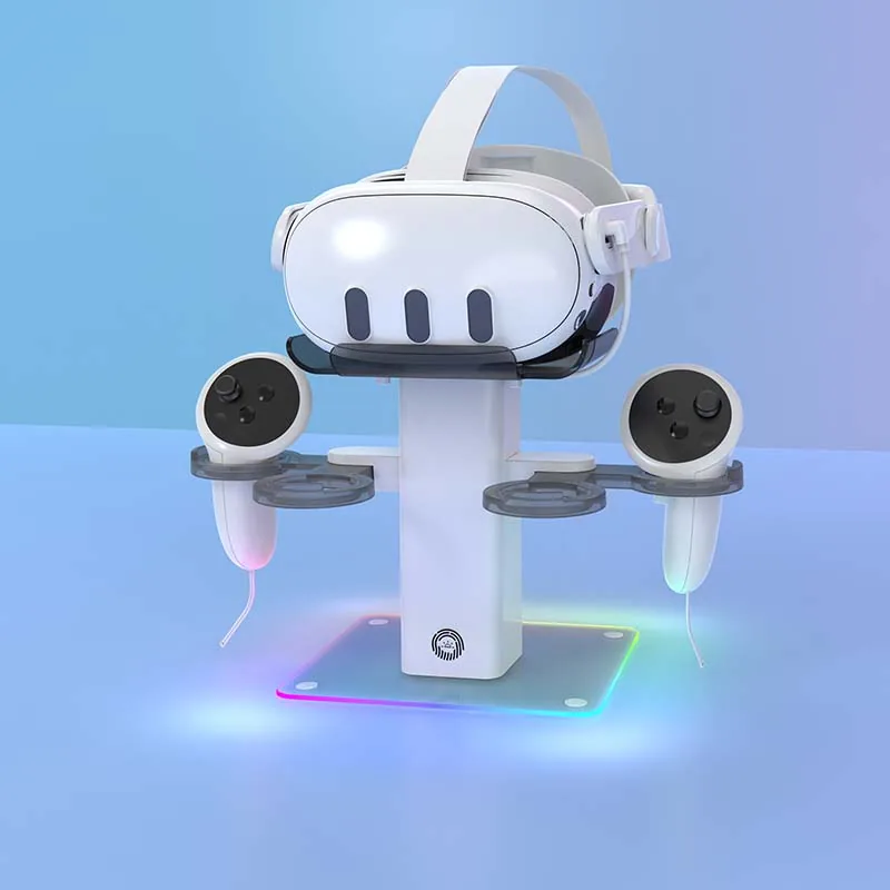 White VR charging stand with headset and controllers