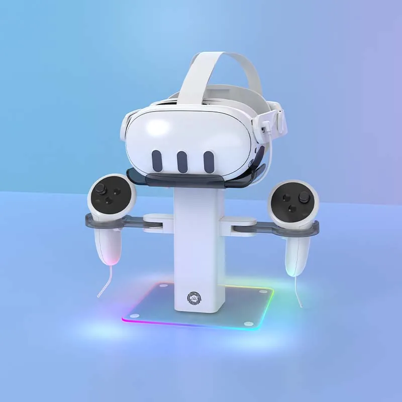 White VR display stand with headset and controllers, side view