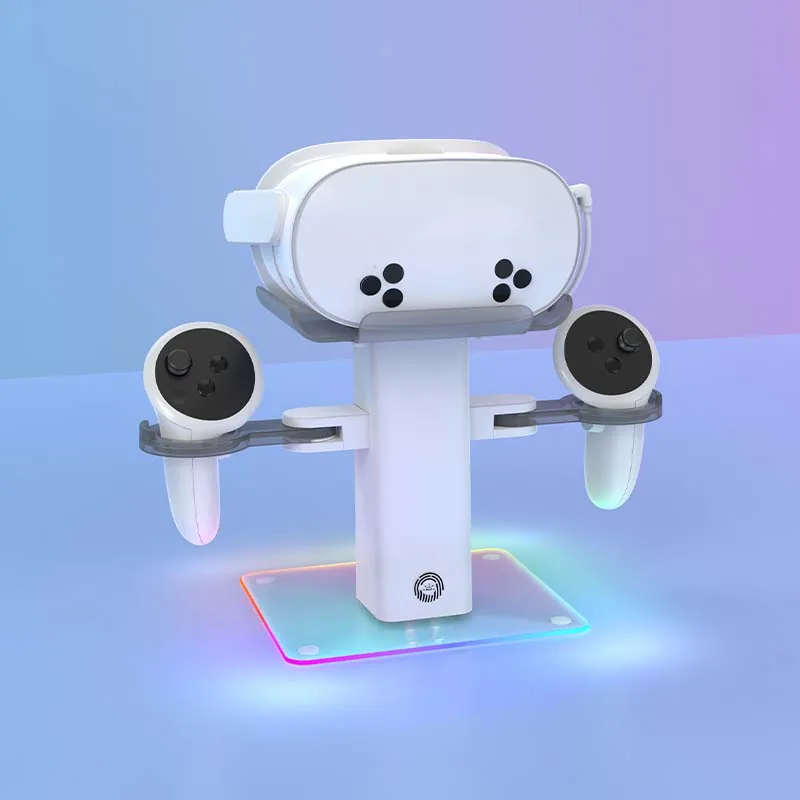 White VR charging stand with headset and controllers