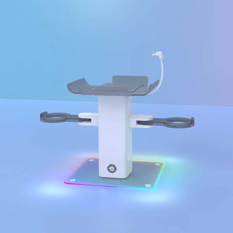 White VR stand with headset holder and controller rings