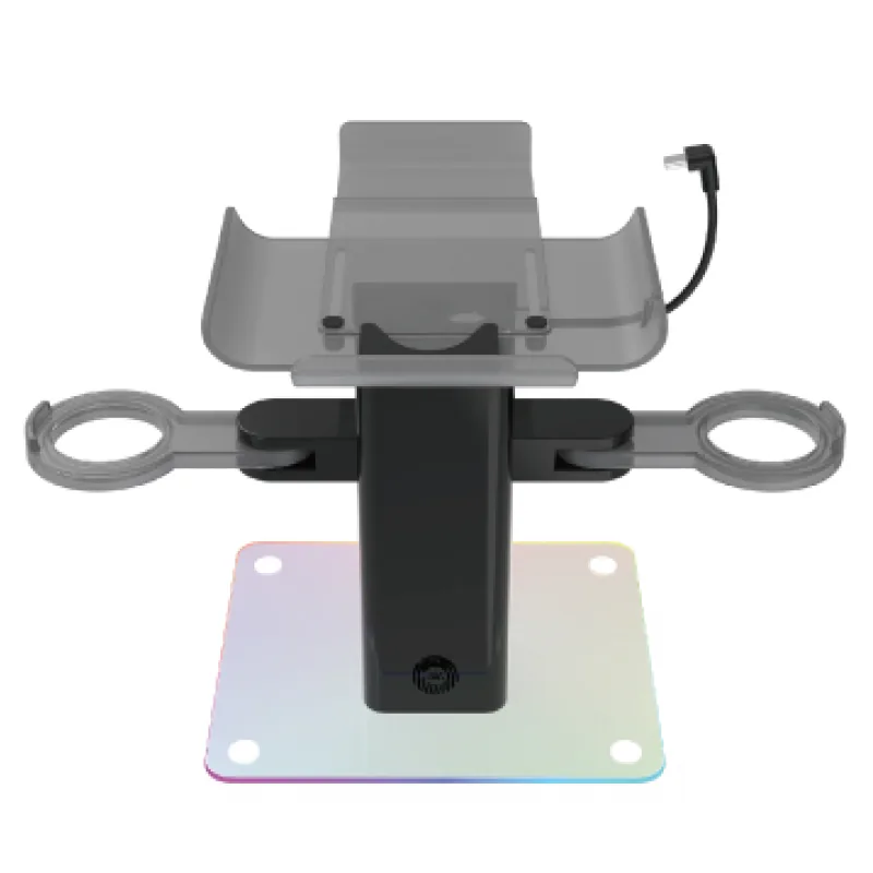 Black VR stand with headset holder and controller rings