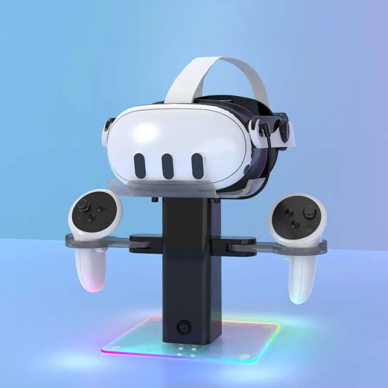 Black VR charging stand with headset and controllers