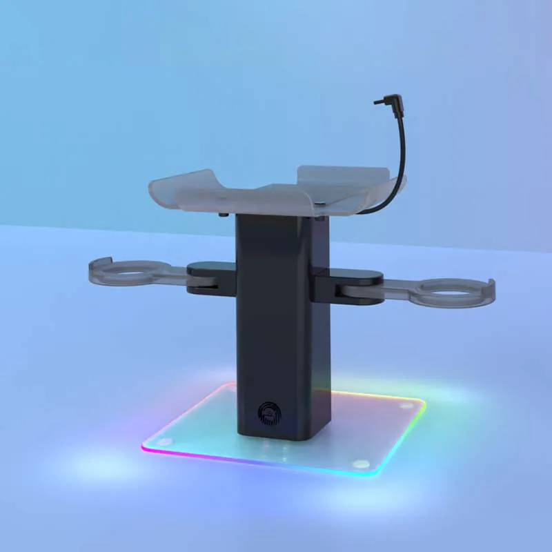 Black VR stand with headset holder and controller rings