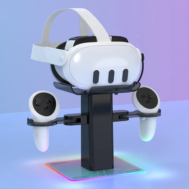 Black VR charging stand with headset and controllers