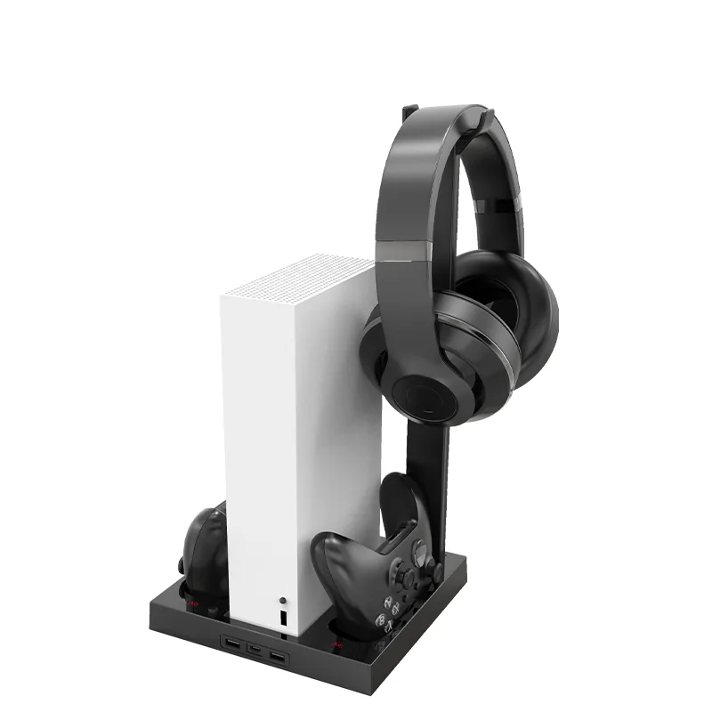 Xbox Series S on cooling stand with headset and controller, side view