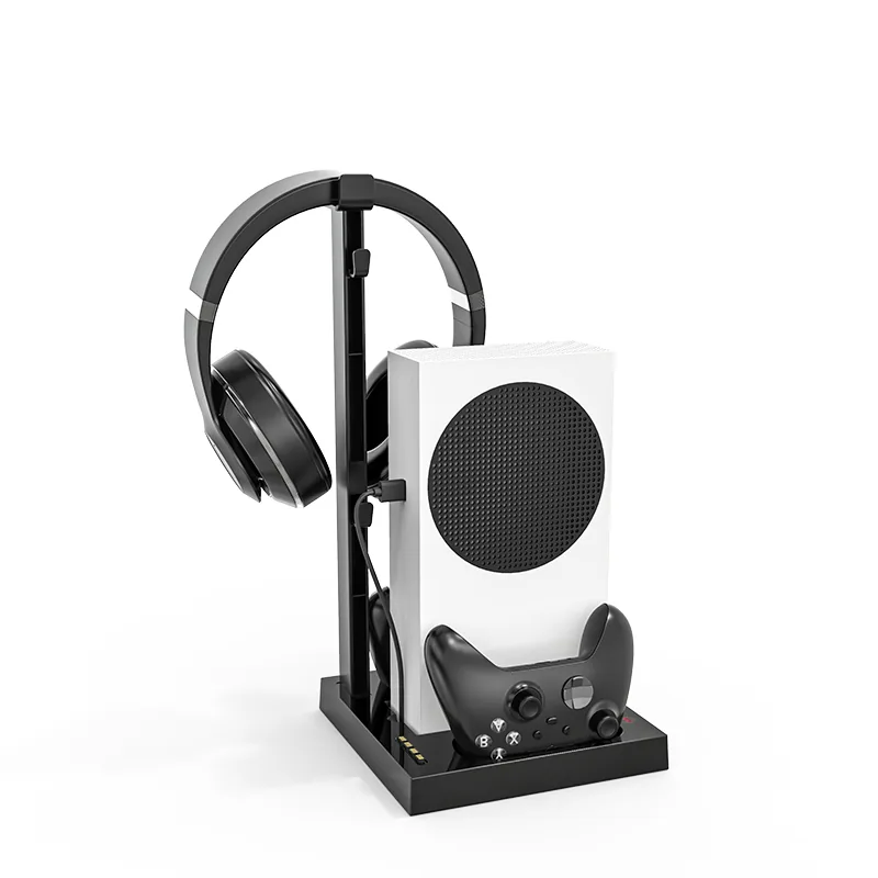 Xbox Series S cooling stand with headset and controller, angled view